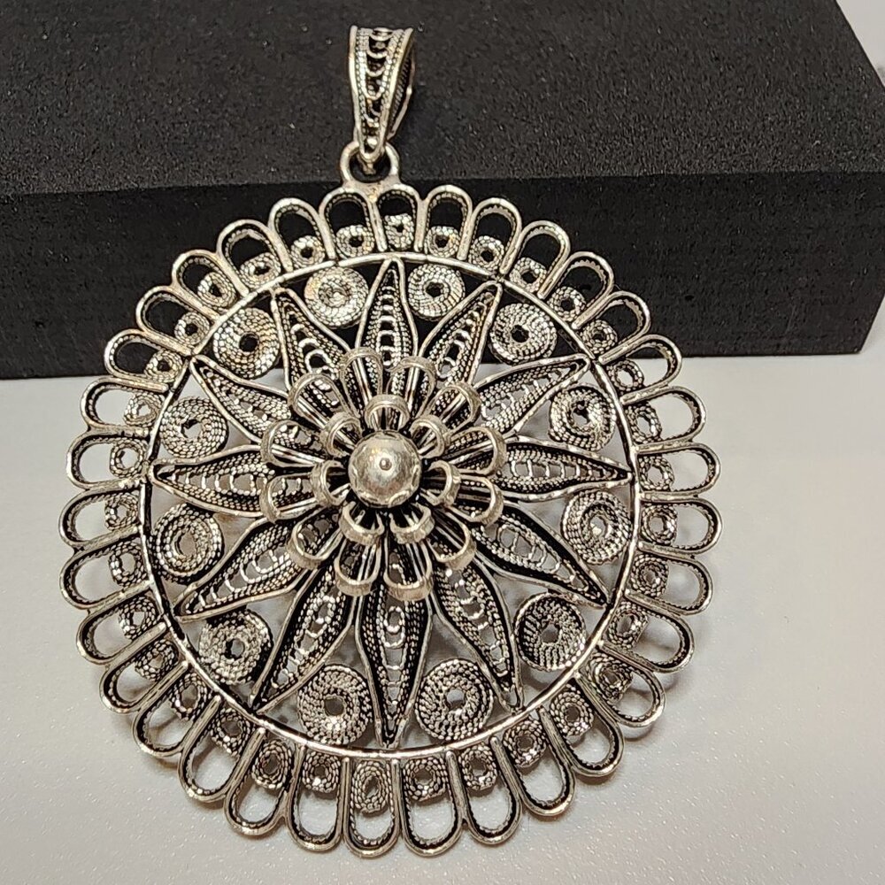 Vintage Filigree Large Flower 925 Silver Pendant
